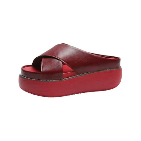 

SIMANLAN Womens Sandals Slip On Platform Sandal Summer Slides Ladies Breathable Footbeds Wedge Casual Shoes Red 7.5