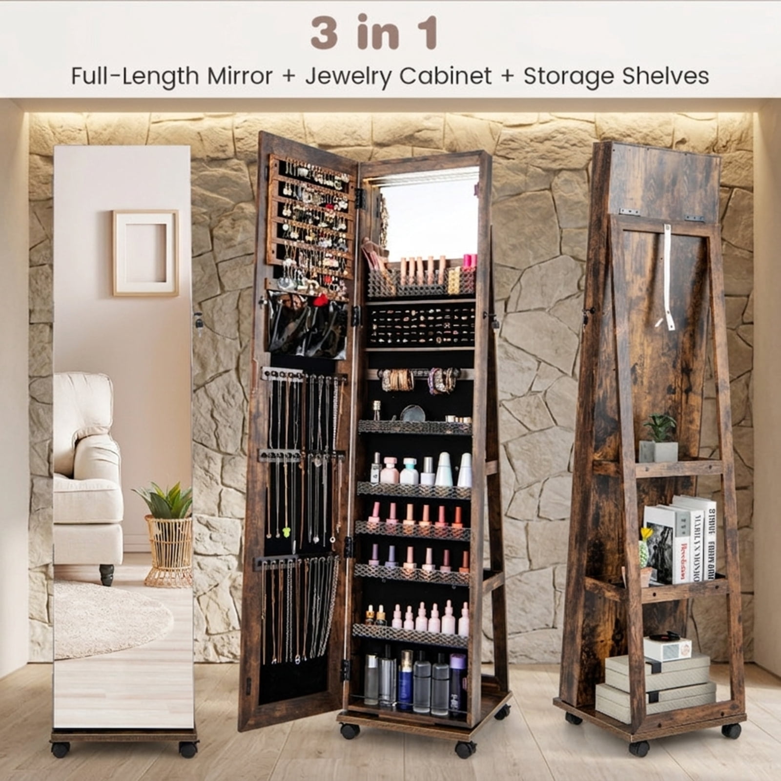 Furnibear 64 Inches Lockable Jewelry Cabinet Armoire with Built-in Makeup Mirror for Bedroom Dressing Room Jewelry Necklace Rings Storage, Coffee