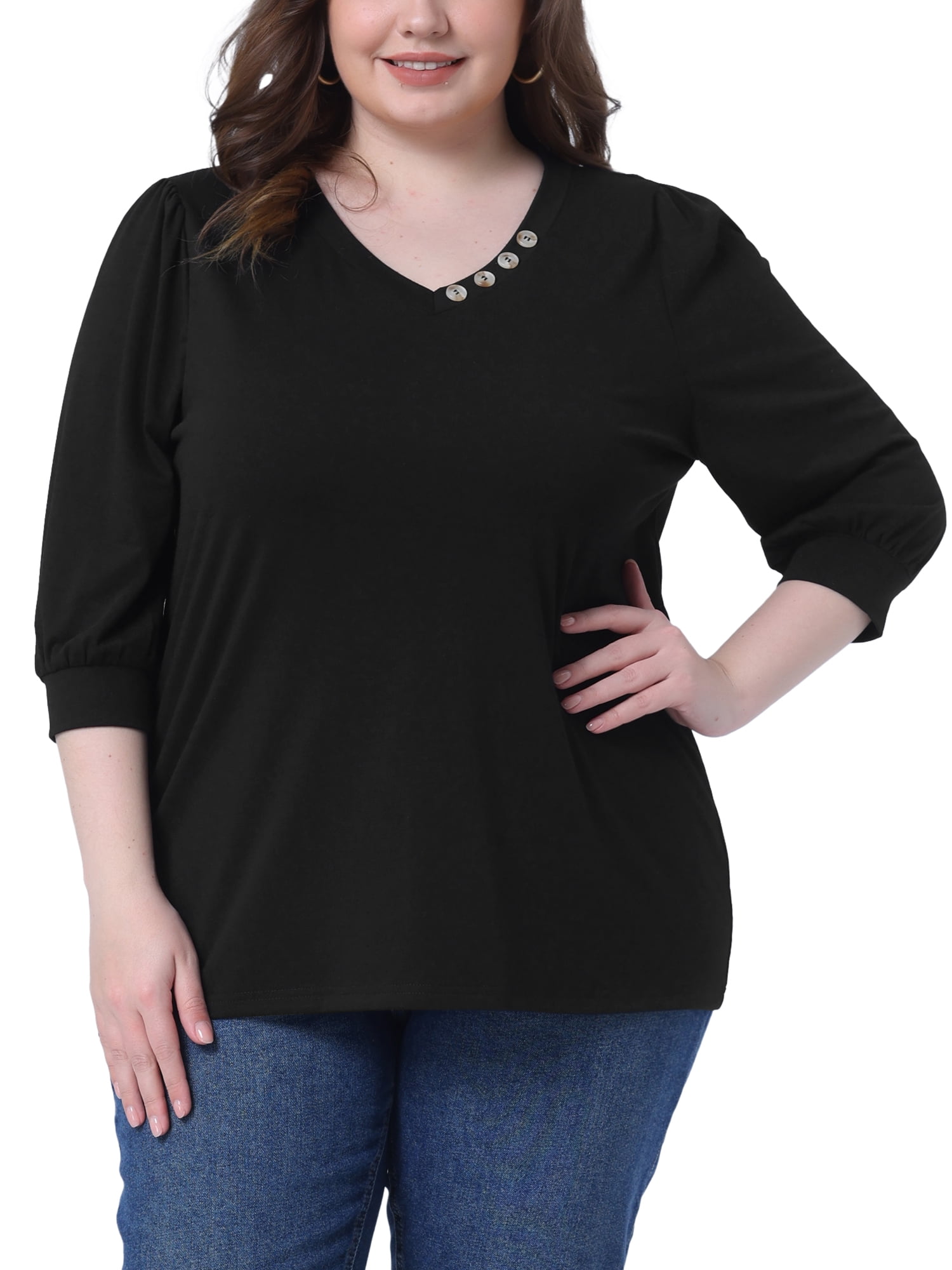 Women's Plus Top 3/4 Sleeve V Neck Button Decor Casual Solid Tees Shirts 4X Black
