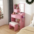 thumbnail image 5 of 3-Color LED Vanity Mirror with Stool, Pink Dressing Table for Bedroom, 2 Drawers & 5 Storage Cabinets (4 Open + 1 Hidden), Adjustable Lighting (Pink), 5 of 9