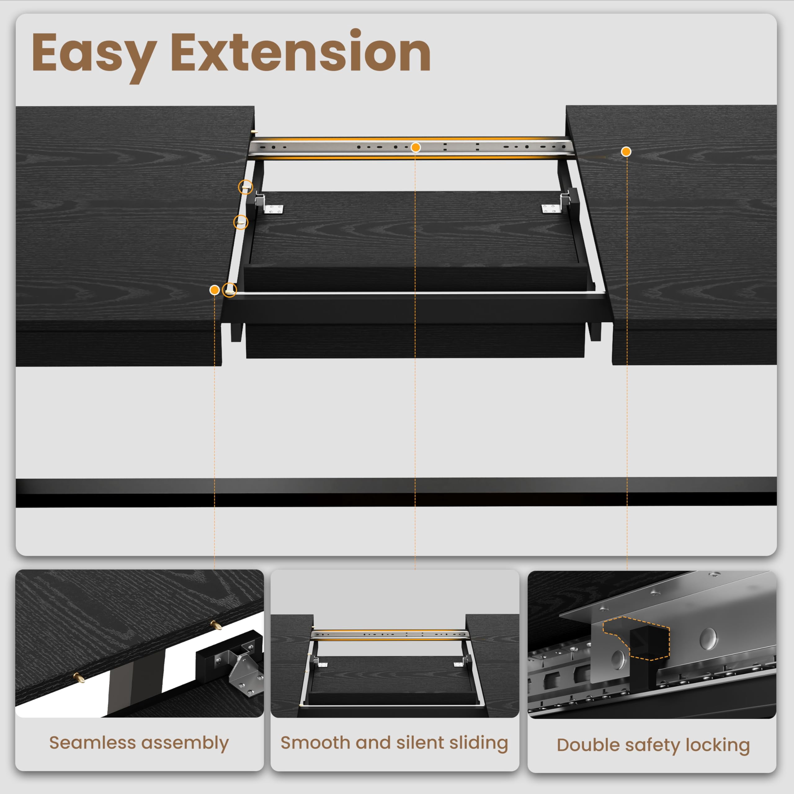63"-83" Extendable Industrial Dining Table - Seats 6-8 - Expandable Rectangular Kitchen Table with Metal Frame for Parties-Black