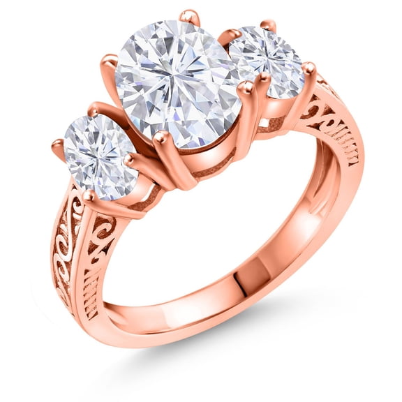 Gem Stone King 18K Rose Gold Plated Silver 3-Stone Ring Set with Moissanite (3.10 Cttw) (Size 7)