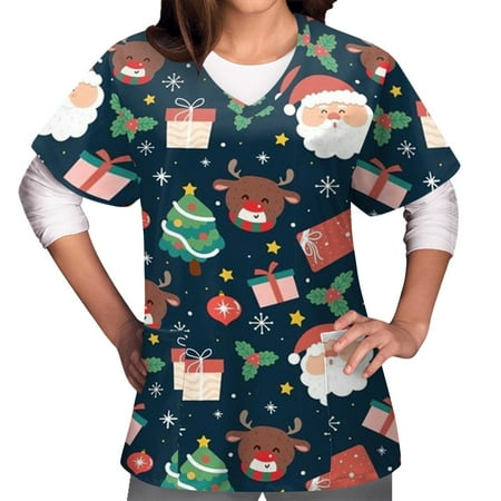 

Scrub_Tops for Women Christmas Reindeer Print Short Sleeves V Neck Scrub Shirts Working Uniform Blouse with Pockets