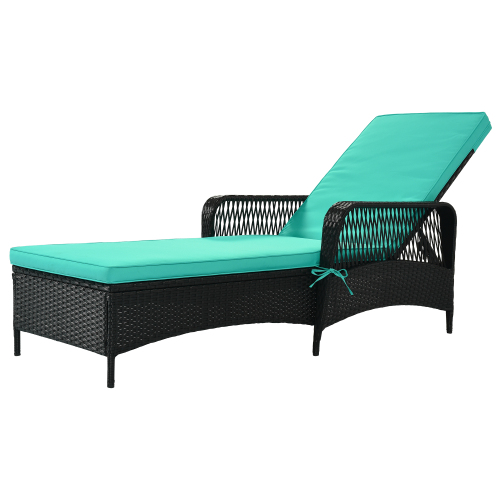 Patio Chaise Lounge Chair, Outdoor Patio Pool PE Rattan Wicker Chair Wicker Sun Lounger, Adjustable backrest, Green Cushion, Black Wicker (1 Sets) - image 5 of 7