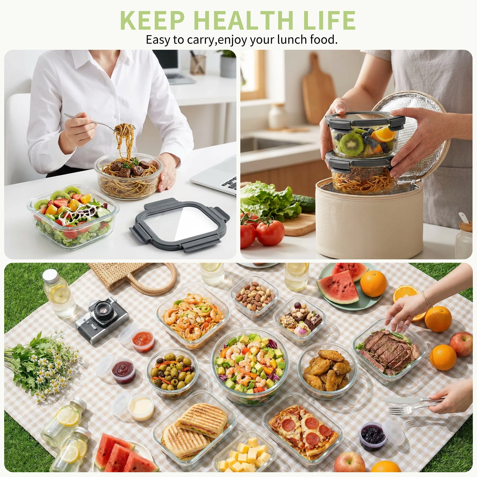 36 Pcs Glass Food Storage Containers with Tempered Lids Set, Borosilicate Oven-Safe(-4°F~950°F), Airtight Meal Prep Lunch Box Containers (18 Containers & 18 Lids), Grey