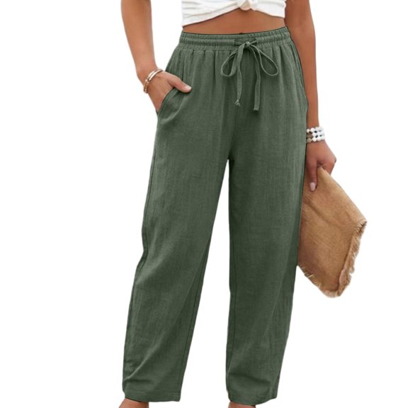 Linen Pants Women Elastic High Waisted Drawstring Wide Leg Linen Pants Lounge Solid Color Beach Pant with Pockets, L