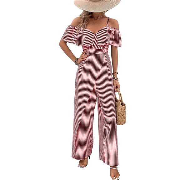 Women Striped Pleated Jumpsuits Dressy Summer Suspender Wide Leg Pants Rompers Overalls Wine Red S