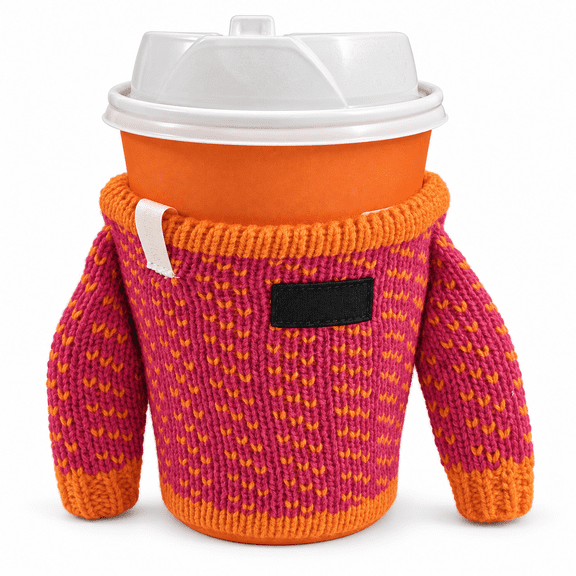 Sweater Iced Coffee Sleeve, Pink and Orange Knit Cup Cozy with 3D Sleeves, Reusable Fall Drink Cup Holder for Iced Coffee, Cold Beverages and Autumn Gifts