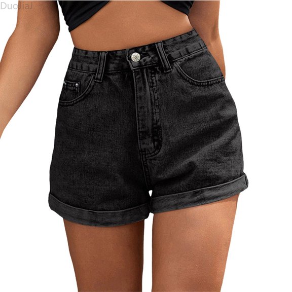 DuoJiaJ Womens High Waist Jean Shorts Wide Straight Leg Denim Shorts Black L