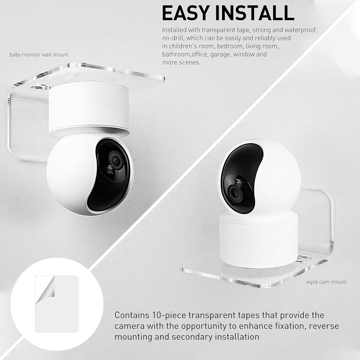 Acrylic Floating Wall Shelves Set of 3 for Security Cameras, Baby Monitors, Speakers - Universal Small Wall Shelf with Cable Clips, 10-Piece Strong Tapes, No Drill (Clear)