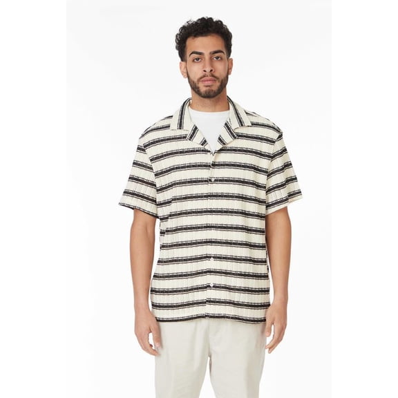 Hawks Bay Men's Crochet Textured Shirt Spread Collar White Black Stripe