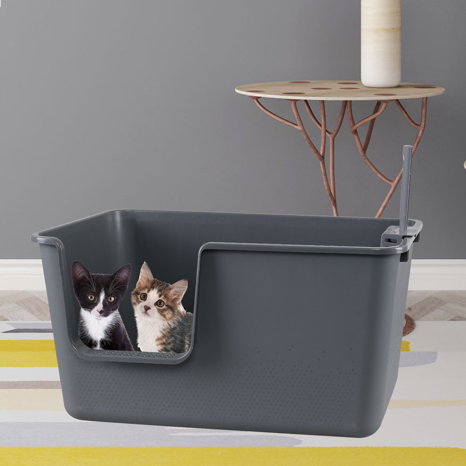 Ionoloy 2 Pack High Side Plastic Cat Litter Basin, Extra Large Litter Box with Scoop, Grey