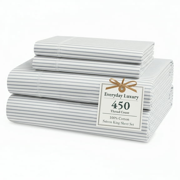 Casa Platino 100% Cotton Sheets King – 450TC Cooling King Bed Sheets, Premium Hotel Sateen Finish, Oeko-Tex Certified, Silky Smooth Comfort, Easycare – Ticking Stripe