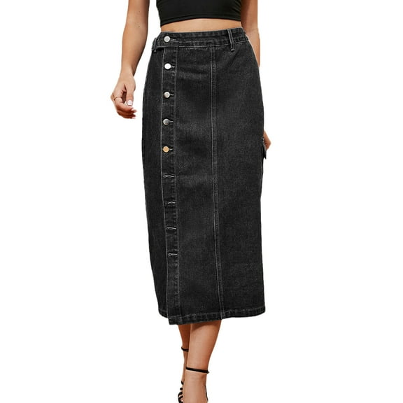 Chenyin Women's High Waisted Denim Maxi Skirts Summer Washed Jean Short Skirts with Pockets Long Skirts for Womens Size S-2XL