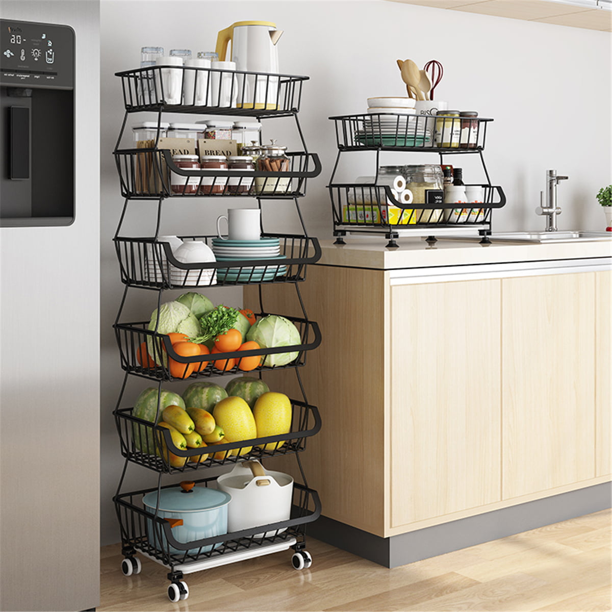 ITHWIU 5-Tier Metal Wire Vegetable and Fruit Baskets with Lockable Wheels Push-pull Basket for Kitchen Storage 