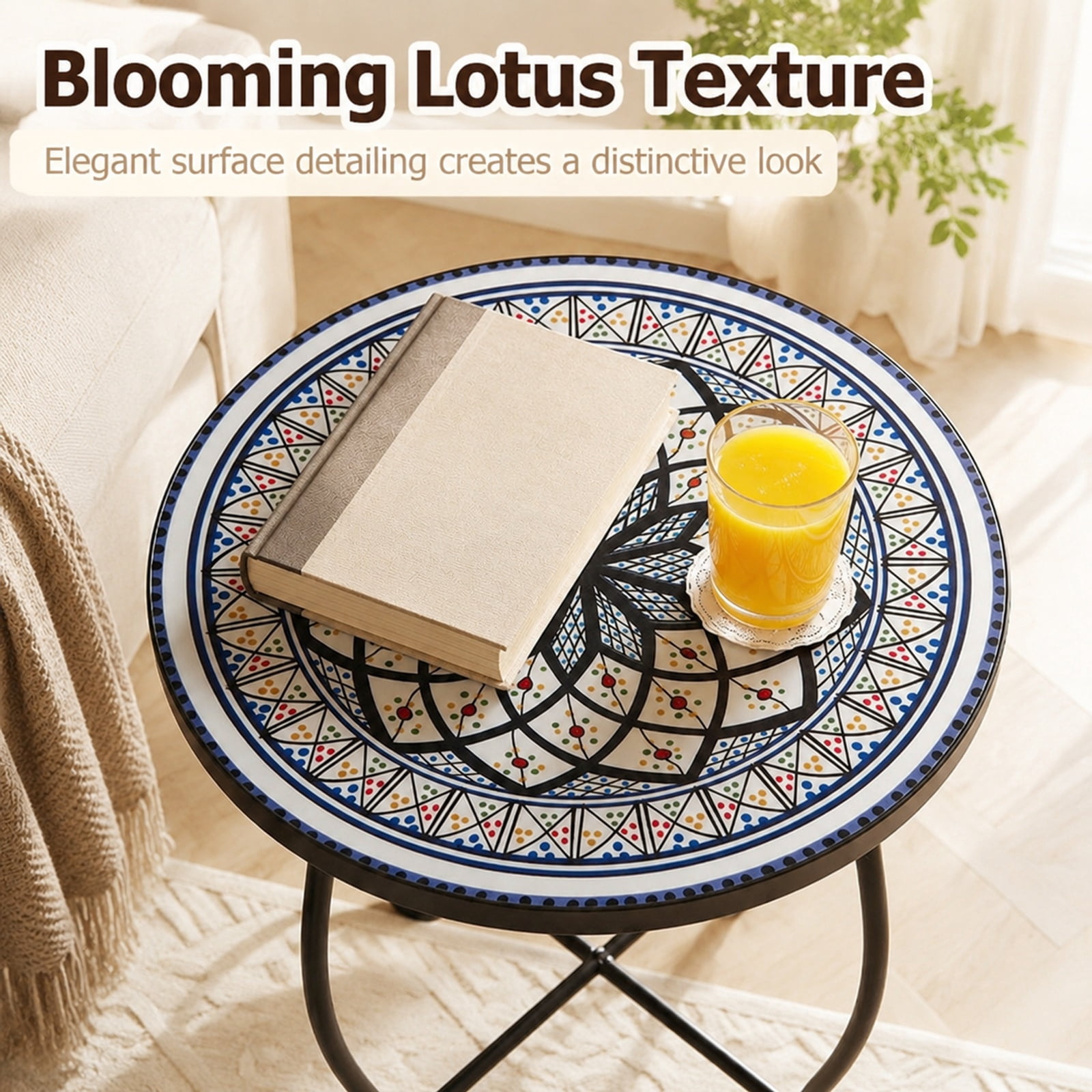 Biotree 14 Inch Mosaic Outdoor Side Table, Metal Patio Accent Plant Stand with Floral Lotus Top and Stable X-Base for Garden Porch Indoors, White
