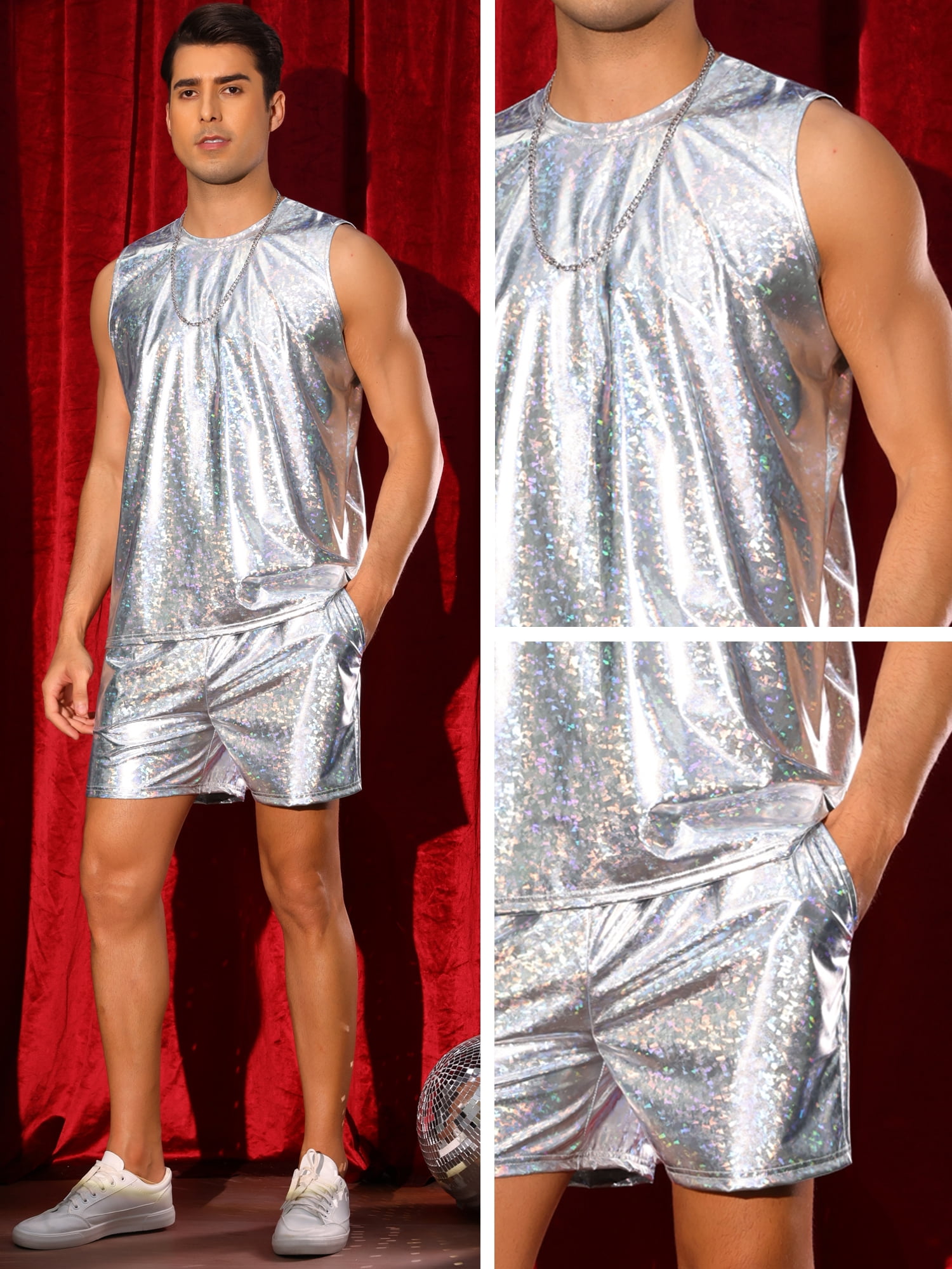 DARING DIVA Men's 2-Piece Holographic Tank Top And Shorts Set M Silver