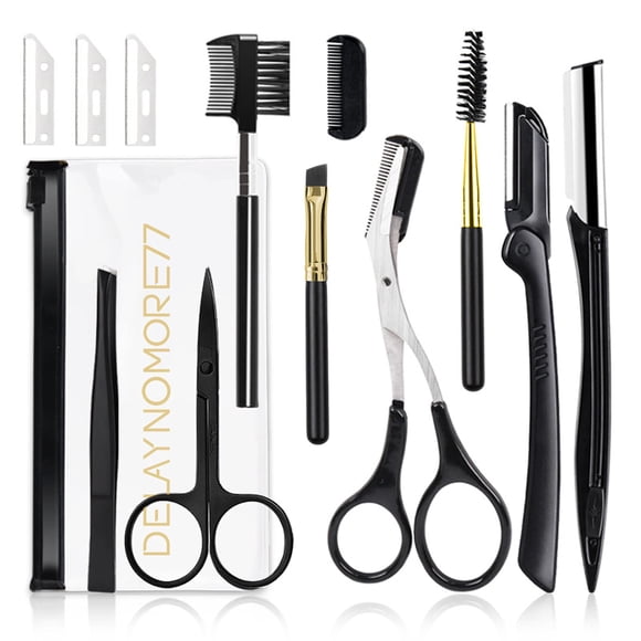 Kit de maquinilla de afeitar para cejas Juego profesional de cuidado de cejas 12 en 1 que incluye 3 maquinillas de afeitar, recortadora, 1 pinza, 2 tijeras, 2 cuchillas de repuesto, 1 rodillo de pesta