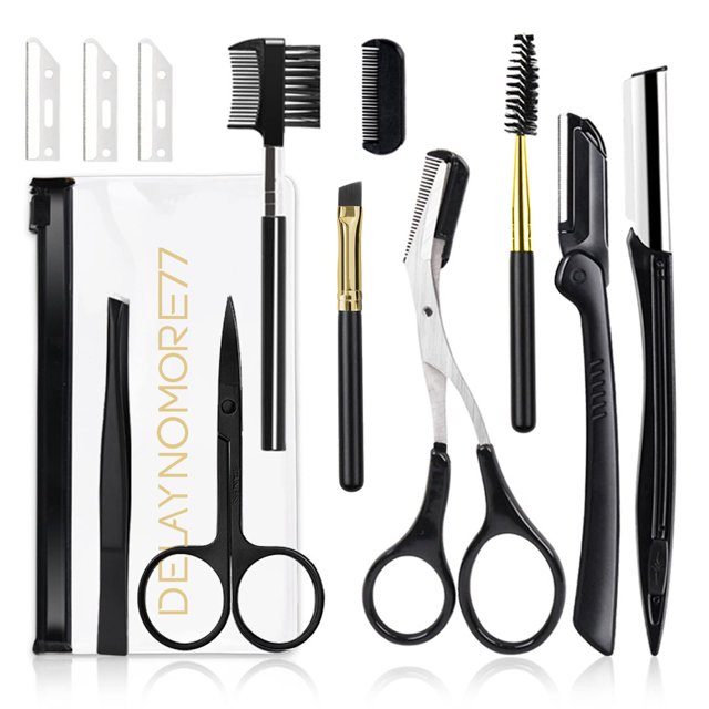 Kit de maquinilla de afeitar para cejas Juego profesional de cuidado de cejas 12 en 1 que incluye 3 maquinillas de afeitar, recortadora, 1 pinza, 2 tijeras, 2 cuchillas de repuesto, 1 rodillo de pesta
