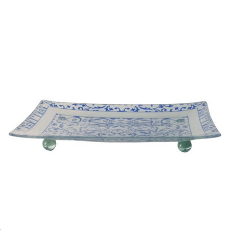 Fused Glass Platters - Florentine Designed Blue Tempered Glass Rectangular Serving Tray on Glass Ball Legs Break and Chip Resistant - Oven Proof - Microwave Safe Decorative Platter