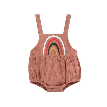 

Chollius Baby Girl Suspender Romper Rainbow Printing Sleeveless Square Collar Loose Bodysuit Summer Cotton Causal Jumpsuit
