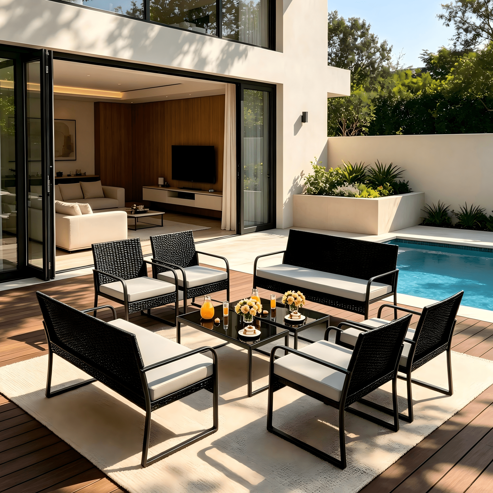 Lofka 8-Piece Patio Furniture Set, All-Weather Wicker Conversation Set with 2 Loveseats, 4 Chairs, 2 Glass Coffee Tables, Outdoor Furniture for Backyard, Balcony, Deck, Porch, Gray
