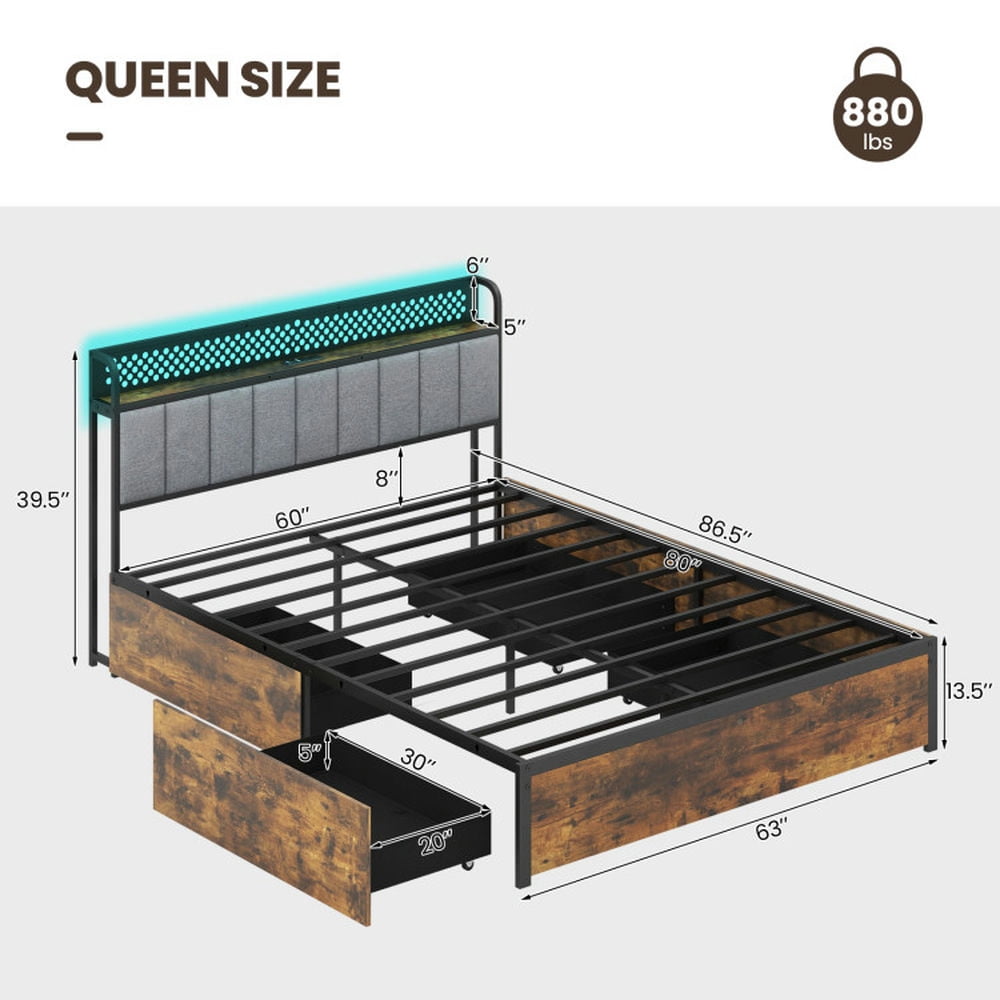 Barara King Bed Frames, Platform Bed Frame, Twin/Full/Queen Bed Frame with LED Lights Upholstered Headboard and 4 Storage Drawers-Queen Size