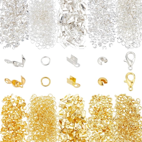 1100 Pcs Jewelry Making Finding Kit 200 Lobster Claw Clasps 200 Bead Tips Knot Covers 200 Folding Crimp Ends 200 Crimp Beads Covers 300 Jump Rings Golden/Silver