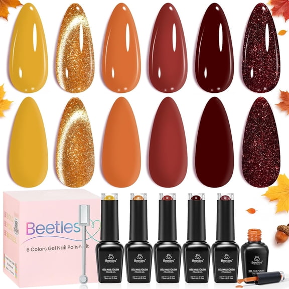 Beetles Fall Gel Polish Set, 6 Colors Orange Burgundy Glitter Cat Eye