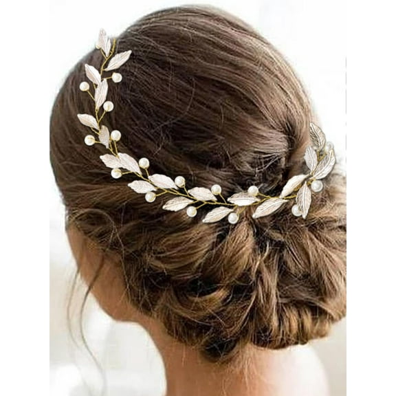 Leaf Bridal Headpiece Gold Pearl Headband Flower Girls Hair Pieces Bride Wedding Hair Accessories for Women and Girls (15.7Inches)