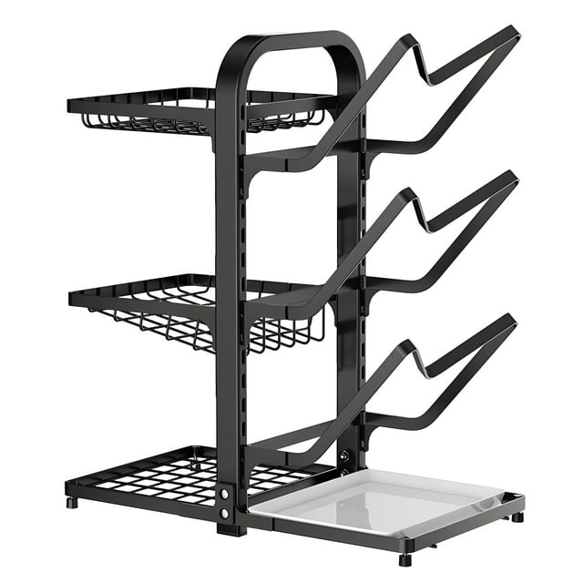 Mistaha Adjustable 3-Tier Kitchen Countertop Organizer with Pot Lid Holder - Multi-layer Storage Rack for Cutting Boards, Seasonings, and Utensils - Steel Construction with Drain Tray - Black
