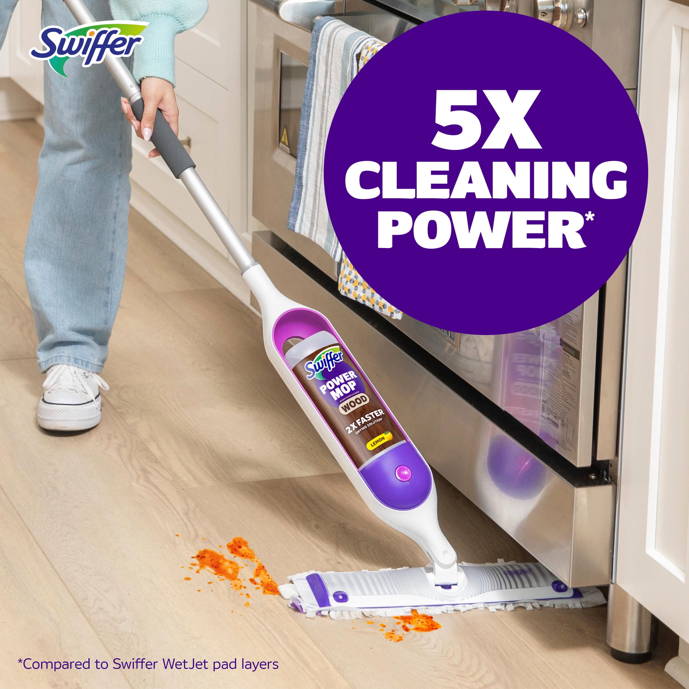 Swiffer Power Mop Wood Kit with Refill, Unscented, 1 handle + 1 solution & 2 Pads