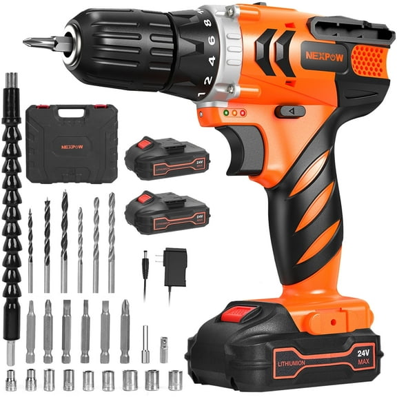 NEXPOW 24V Cordless Drill-Brushless Power Drill Set, 3/8" Keyless Chuck,18 1 Position Electric Drill, 2-Speed Transmission Tool Drill with 2Battery&Fast Charger