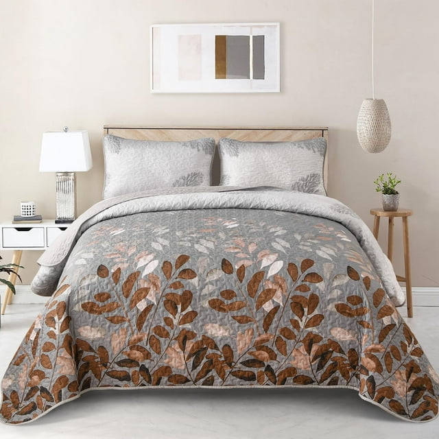 Juego de edredón WONGS BEDDING con estampado floral marrón, tamaño queen size, 3 piezas