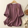 thumbnail image 2 of Vestidos Casuales Para Mujer, Blusas De Mujer De Moda Blusa de lino sintético con bordados, manga corta, botones y cuello redondo para mujer, 2 of 8