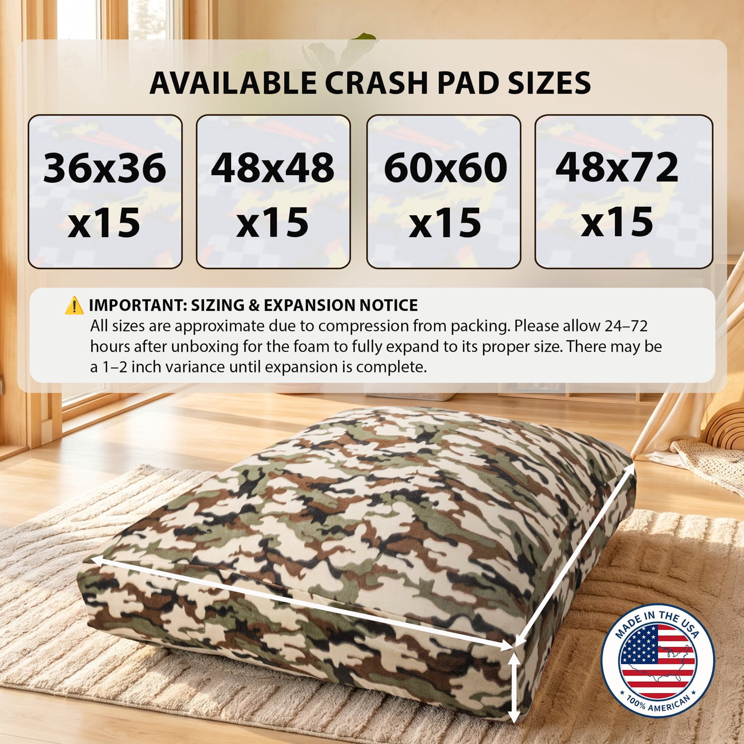 36" x 36" Sensory Crash Pad for Kids & Adults, Soft Fleece Landing Mat with Foam Blocks, Non-Slip Bottom, Removable Washable Cover for Jumping Playing Relaxing