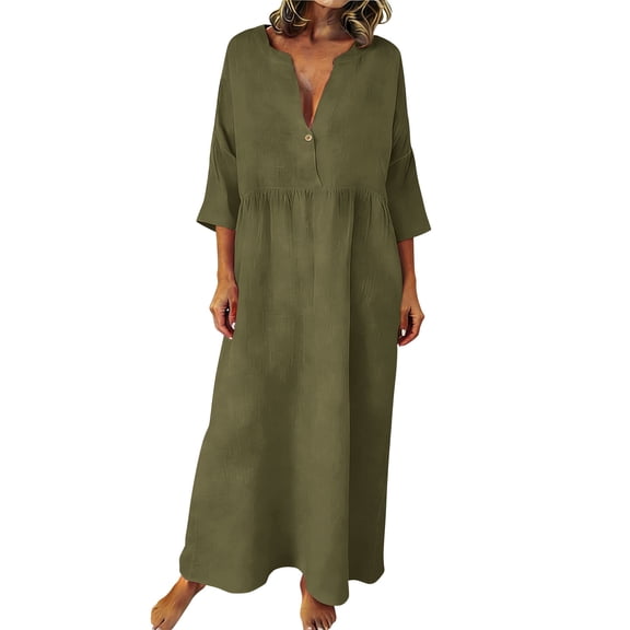 Plus Size Beach Dresses for Womens 2026 Summer Fashion 3/4 Sleeve Loose Casual Cotton and Linen Solid Color Quarter Sleeve V-neck Dress