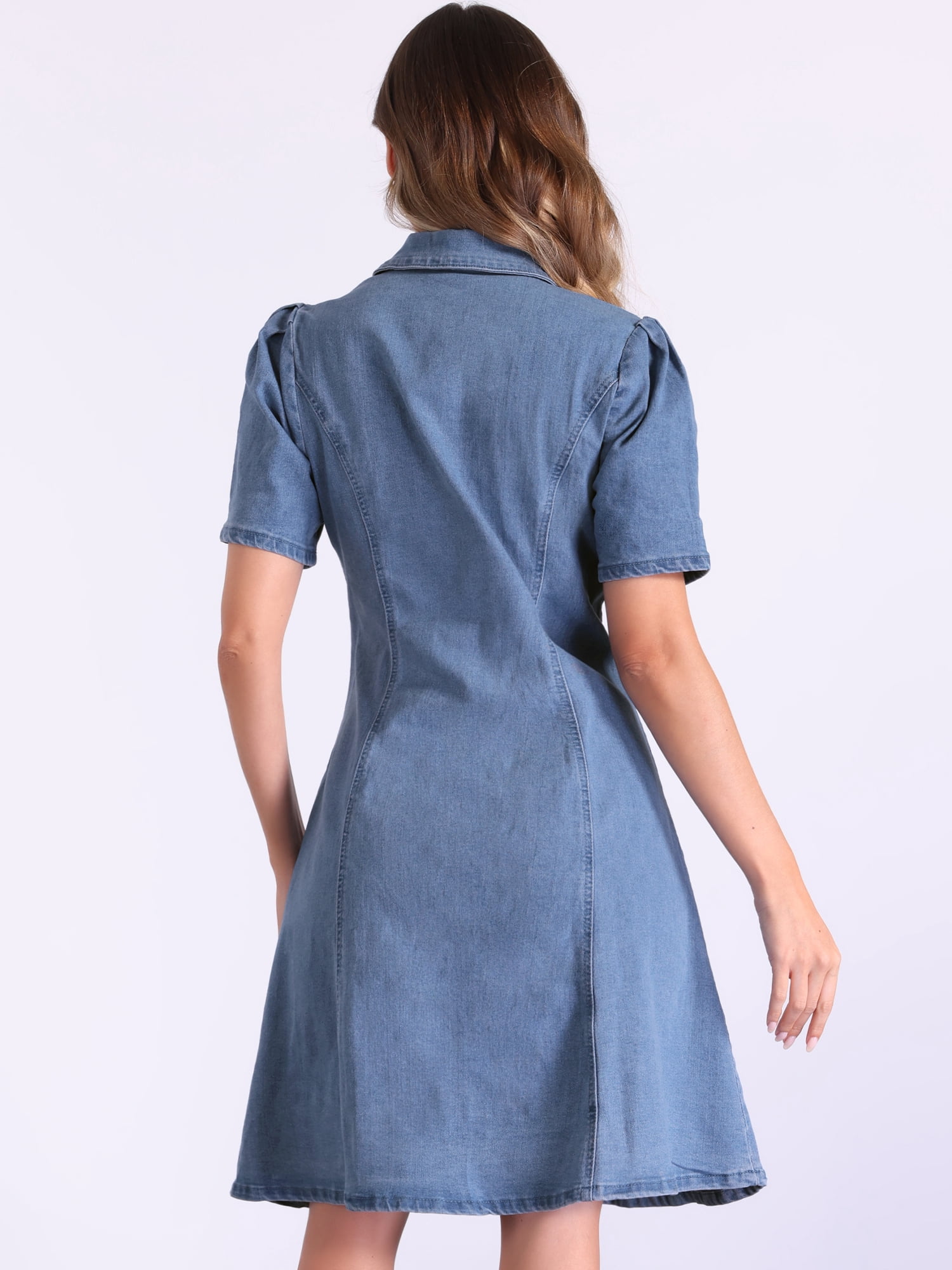DARING DIVA Puff Sleeve Collared A-Line Dress S Light Blue