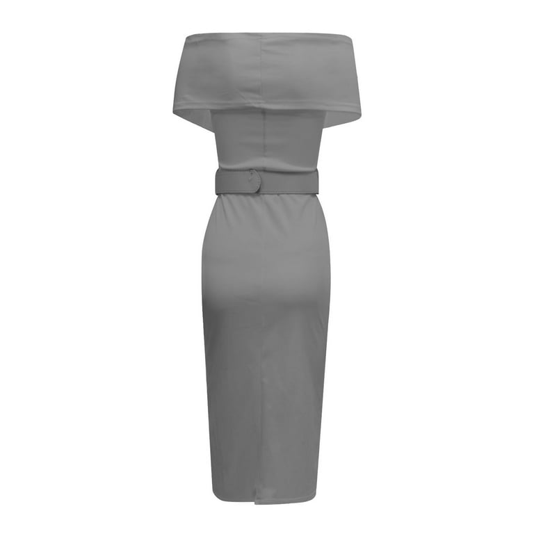 BEEYASO Clearance Summer Dresses for Women Short Sleeve Solid Fashion Ankle  Length Sheath Off-the-Shoulder Dress Gray L 