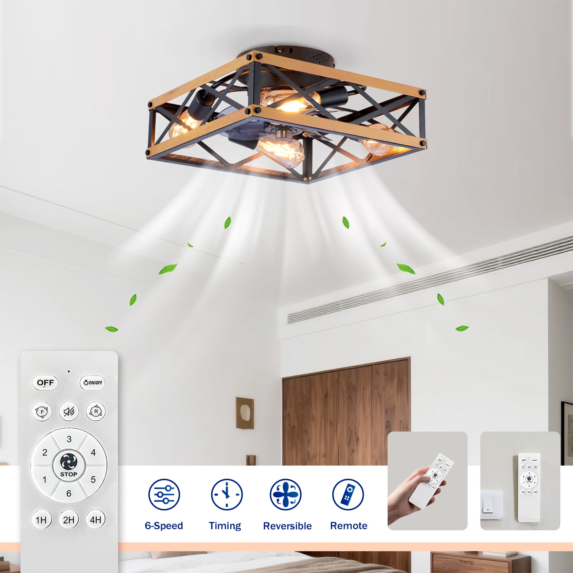 Leumius 22.6" Black Flush Mount Ceiling Fan with Light, Reversible Motor and DC Remote Control,6 Speed Ceiling Fan,Timing for Living Room Bedroom Dining Room(NOT Included Bulbs)
