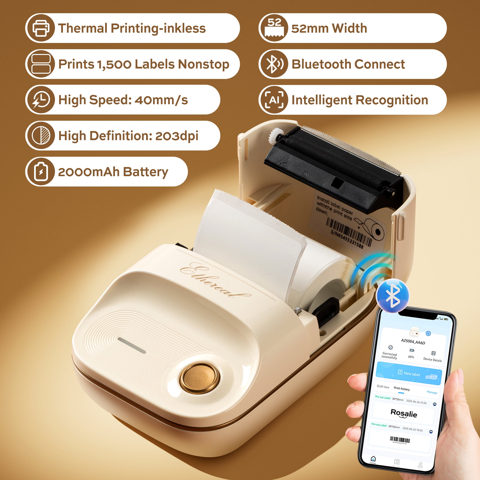 novodesk Label Maker, 2 inches Portable Bluetooth Waterproof Label Printer with Tape, Label Printer Machine for Small Business,Address, Logo, Retail (Milky White)