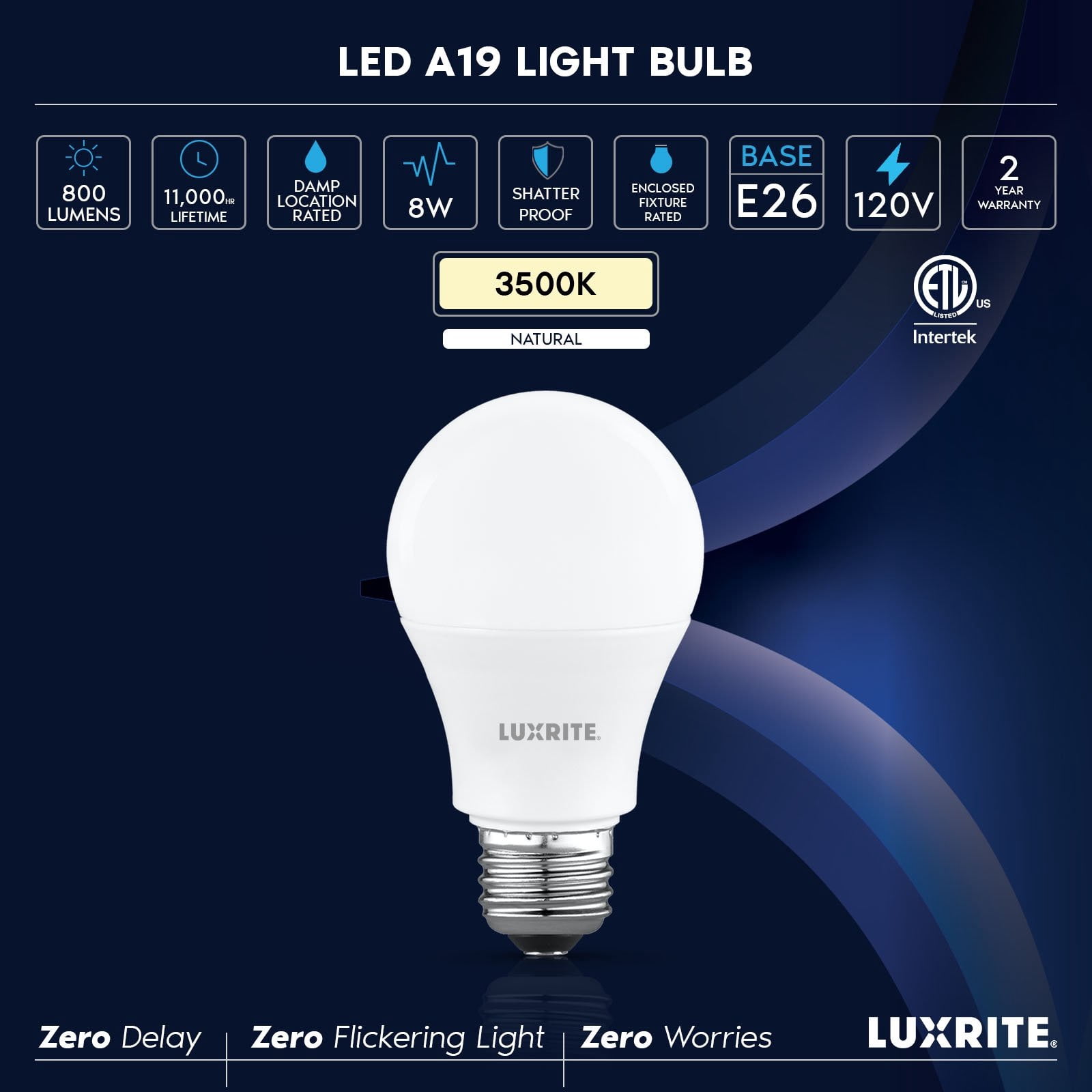 Luxrite A19 LED Light Bulb 60 Watt Equivalent, Non-Dimmable, 3500K Natural White, 800LM, Standard LED Light Bulbs 8W, E26 Base, Enclosed Fixture Rated, Damp Rated, ETL Listed 24 Pack