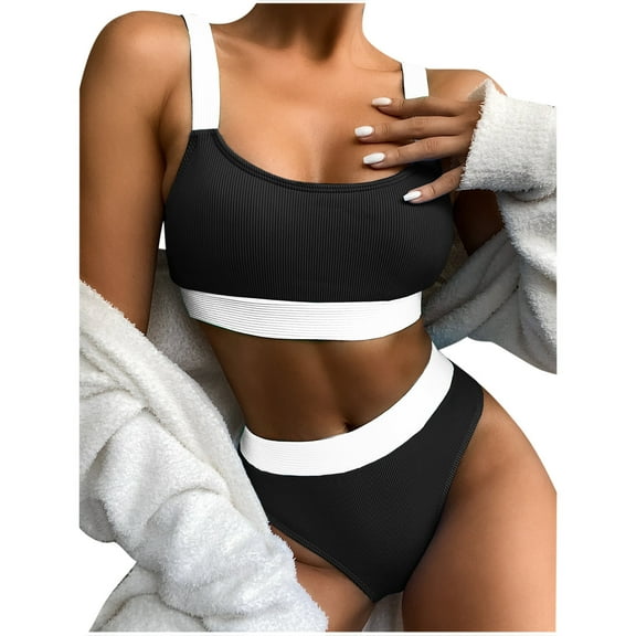 Oalirro Gift for Her Tankini Swimsuits for Women Women Bikini Solid Splicing Two-piece Swimwear Swimsuit Beachwear Set Black