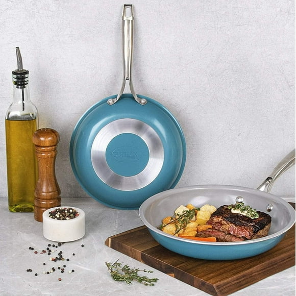 Gotham Steel Ensemble de poêle à frire bleu océan antiadhésif de 8,5 po et 9,5 po avec revêtement en diamant ultra durable, Va au four et au lave-vaisselle, 100% sans PFOA, 2 pièces