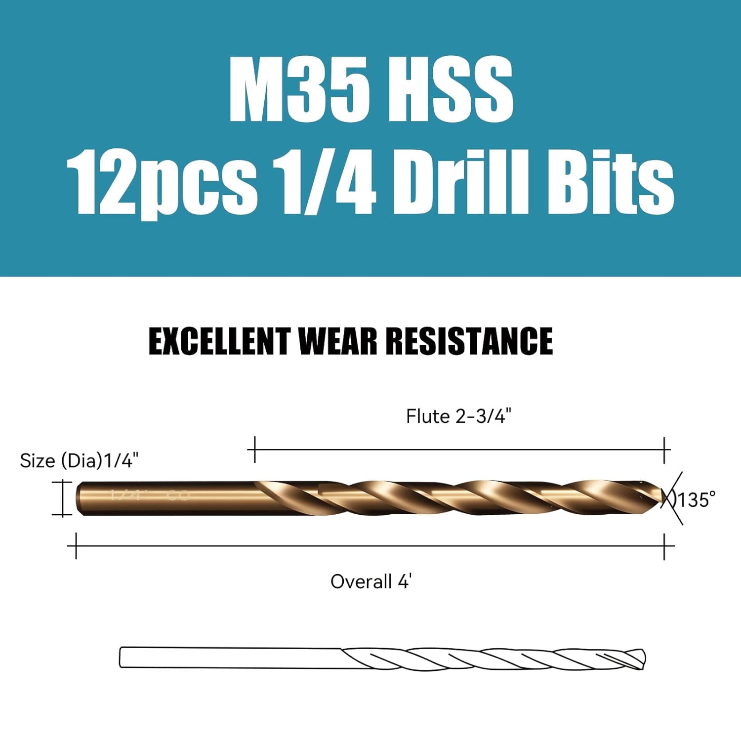 FRKSMD-Techhyren 12pcs Cobalt Drill Bit Set, 1/4" M35 HSS Jobber Length Metal Drill Bit Set for Stainless Steel, Hard Metal, Cast Iron, Wood and Plastic, with Storage Case