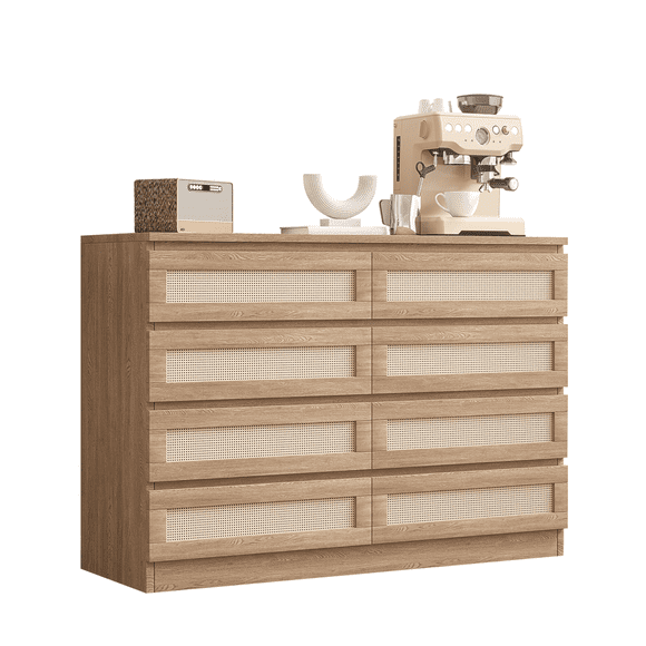 Garvee 8-Drawer Rattan Dresser, Double Wood Chest of Drawers for Bedroom, Living Room, Closet, Natural Oak