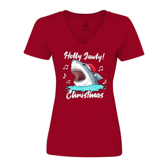 Inktastic Shark Holly Jawly Christmas Women's V-Neck T-Shirt