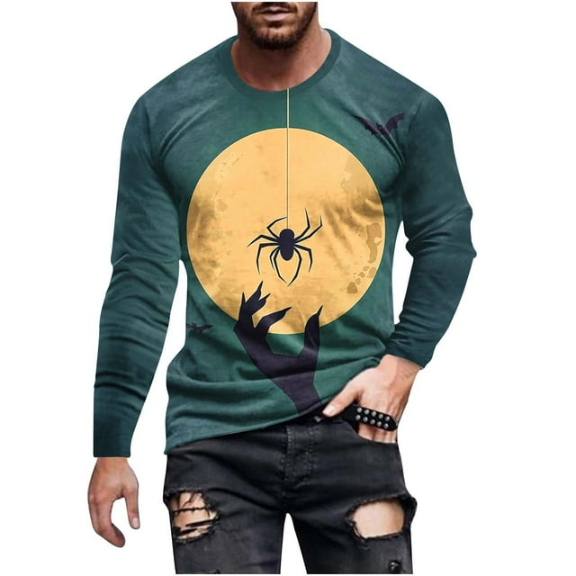 Chemises d'Halloween pour Hommes, Hauts Graphiques Imprimés à Manches Longues, Blouse Décontractée à Col Rond pour Hommes, Tenue Quotidienne et de Vacances
