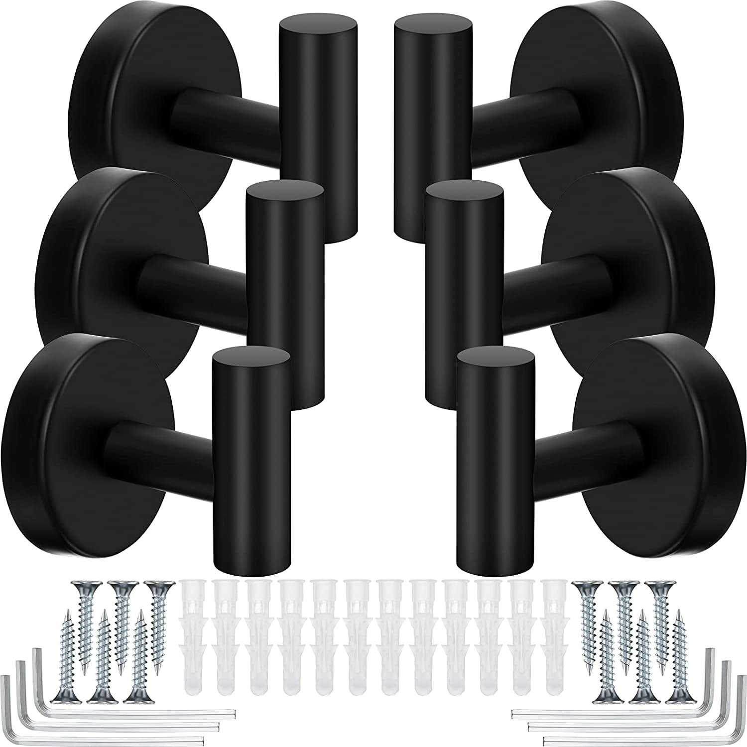 6 Pack Towel Hooks - Modern Bath Heavy Duty Robe Wall Holder Black Stainless Steel Hook for Bathroom Kitchen Garage Hotel Wall Mounted
