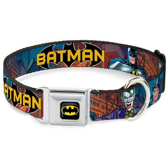 DC Comics Pet Collar, Dog Collar Metal Seatbelt Buckle, Batman Villains Cityscape, 11 to 16.5 Inches 1.0 Inch Wide
